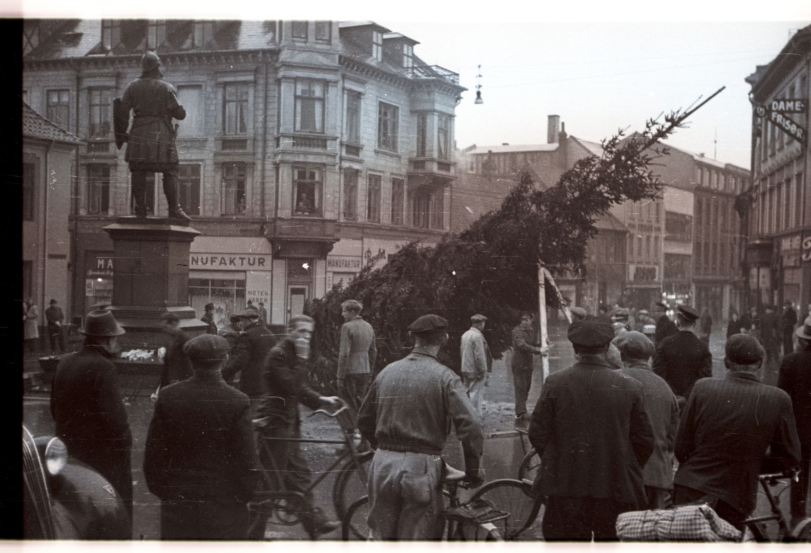 Juletræet rejses på Rådhustorvet den 4. december 1945